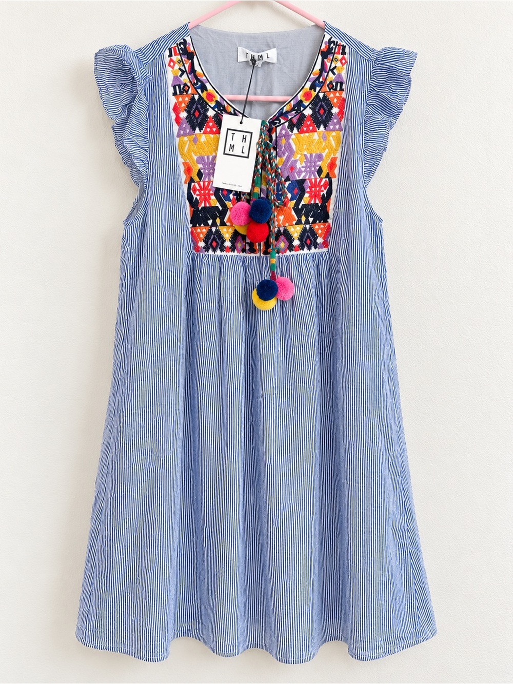 THML Blue Stripe Dress with Colorful Embroidered Yoke and Pom-Poms